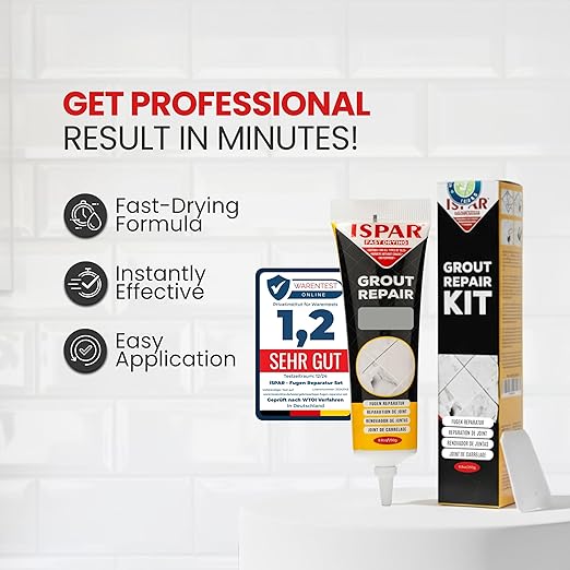 Tile Grout Repair Kit – Grey Grout Filler 8.8 oz, Pre-Mixed Tile Adhesive & Grout Paint for Shower Tile, Bathroom, Kitchen & Floor – Quick-Dry Sealer