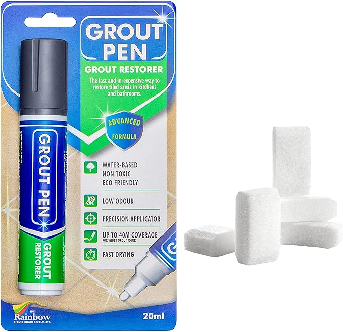 Grout Pen Tile Paint Marker: Dark Grey Wide 15mm with 5 Pack Replacement Tips - Waterproof Grout Colorant and Sealer Pen to Renew, Repair, and Refresh Tile Grout - Cleaner Coating Stain Pens
