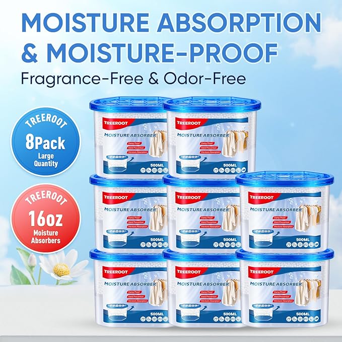 8 Pack Moisture Absorbers, 16 OZ Humidity Absorber Bucket, Moisture Absorbers for Closet, Dehumidifier Bucket for Wardrobes, Kitchens and Bathrooms, Fragrance Free Humidity Absorber