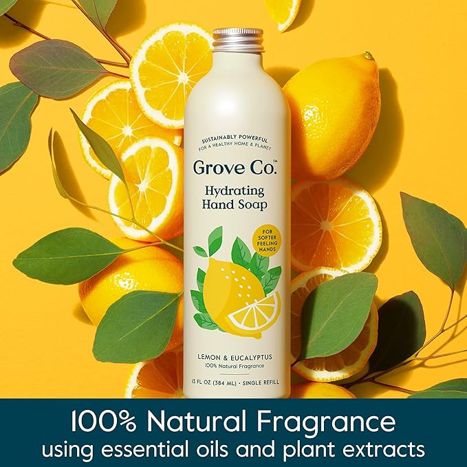 Grove Co. Hydrating Gel Hand Soap Refills (2 x 13 Fl Oz) + 1 x Reusable Glass Soap Dispenser, Refillable Liquid Hand Soap Starter Kit, Natural Lemon & Eucalyptus Fragrance