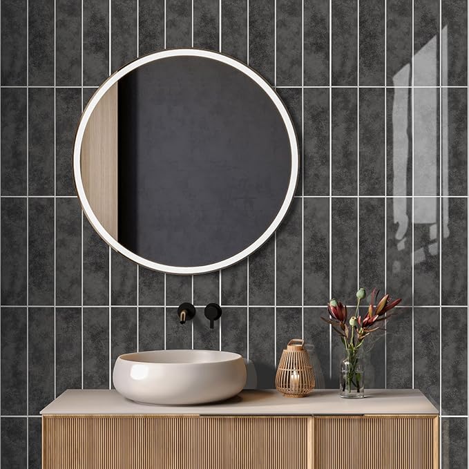 24-Pieces Peel and Stick Tiles for Kitchen Backsplash, New Upgrade Design 12" x 3"SPC Subway Backsplash Tiles, Marble Black Premium Finger Tiles (Dark Grey).