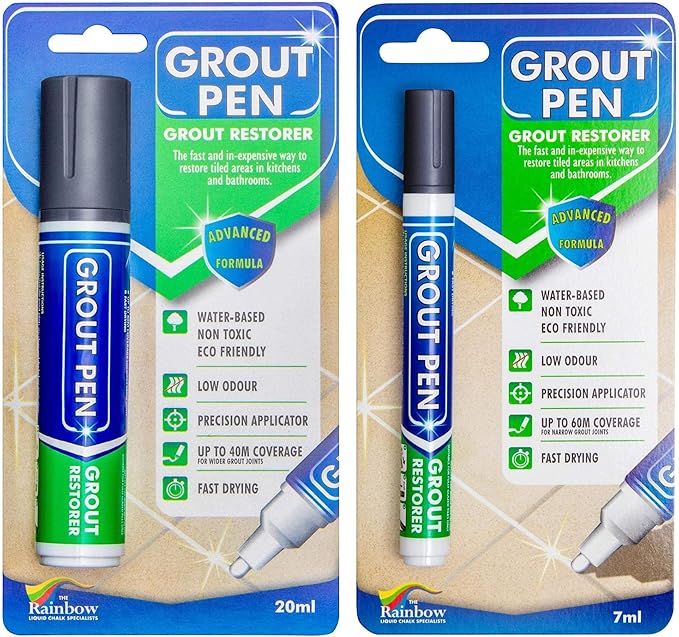 Grout Pen Tile Paint Marker: Waterproof Grout Colorant and Sealer Pen to Renew, Repair, and Refresh Tile Grout - Cleaner Coating Stain Pens - 2 Pack, 5mm Narrow and 15mm Wide Tip Pen - Dark Grey