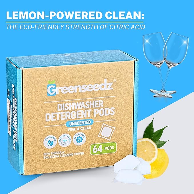 Dishwasher Detergent Pods Free & Clear, Unscented, Eco Friendly, Cuts Grease, 64 Count, Powerful Formula for Sparkling Clean Dishes, Automatic Dishwasher Safe