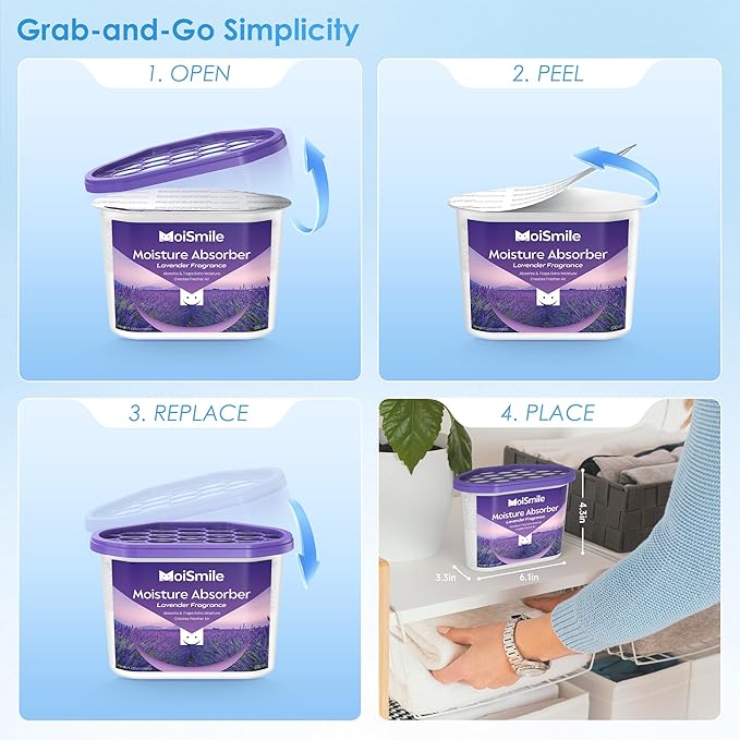 Moisture Absorbers, Efficient Lavender Vanilla Humidity Absorber ＆ Odor Eliminator Boxes, Refillable Car Dehumidifier for Closet, Bathroom, Basement＆ RV, 3 Pack