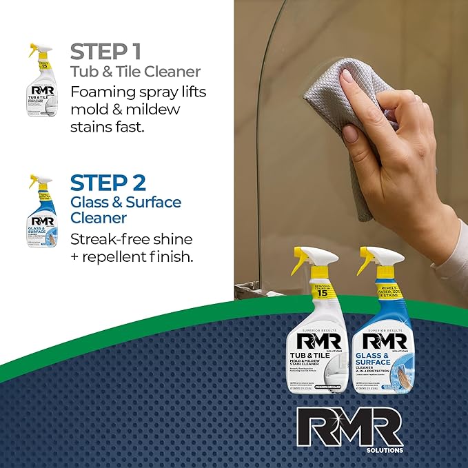RMR Flawless Finish Bathroom Bundle – Tub & Tile Cleaner + Glass & Surface Cleaner Plus Repellent, 2-Step System for Shower, Tub, Tile, Grout, Glass Doors, & Mirrors, 2–32 Oz Bottles