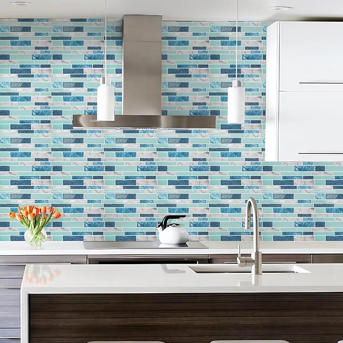 Vamos Tile 10 Sheets Peel and Stick Tile Backsplash, 12"x12" Light Color Stick on Wall Tiles, Self Adhesive Tile Sticker for Kitchen Backsplash and Bathroom(Blue Marble Look)