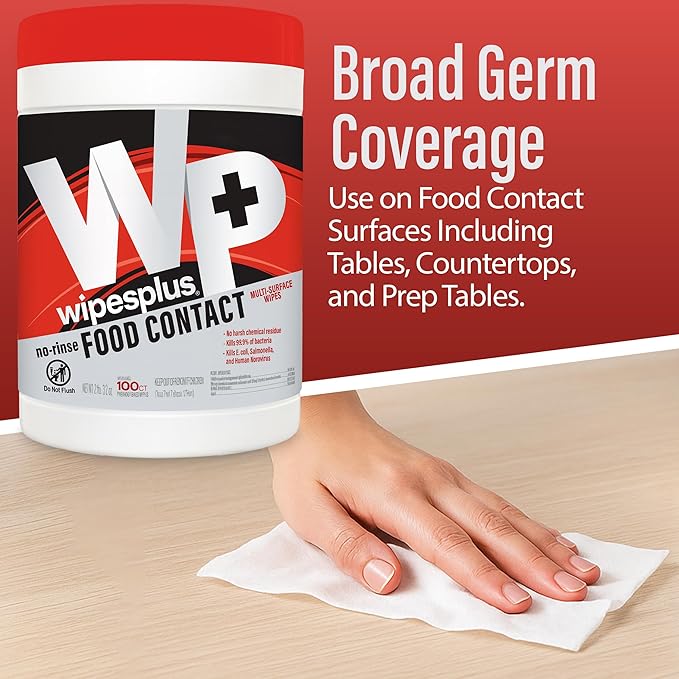 WIPESPLUS No-Rinse Food Contact Wipes Canister Multi-Surface Wipes, Unscented for Home and Business, 100, (1 Pack of 100)