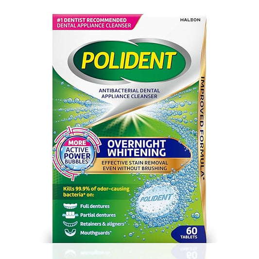 Polident Overnight Whitening Antibacterial Dental Appliance Cleanser Tablets, Mouthguard Cleaning Tablets, 60 Count