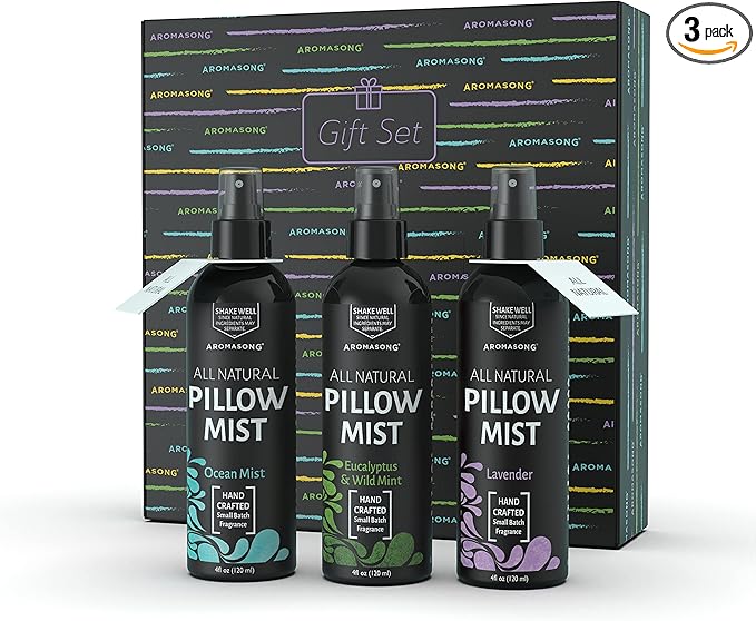 Aromasong All Natural Pillow Spray for Deep Sleep- Holiday Gift Pack of Lavender, Ocean Mist, and Eucalyptus Included - Calming Linen & Bedtime Natural Essential Oil Mist Spray for Sleeping