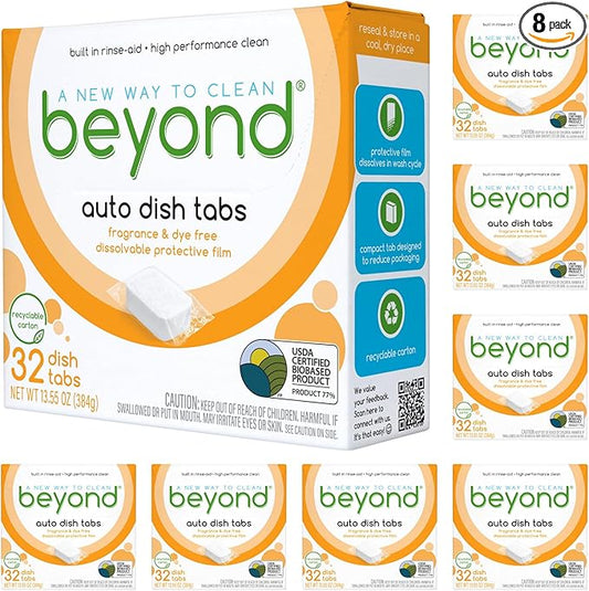Beyond Natural Dishwasher Tablets [8 Boxs of 32] - Fragrance & Dye Free - Certified Biobased. Powerful. Plant-Based Ingredients