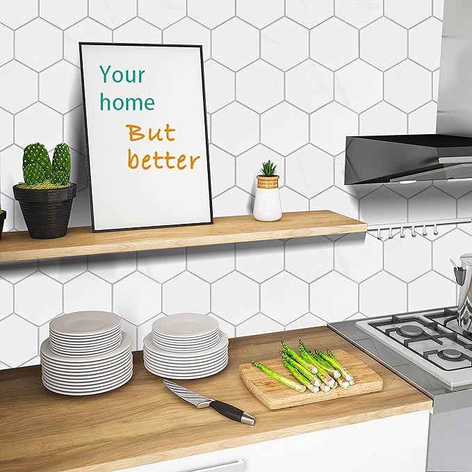 New Upgrade Premium Hexagon Peel and Stick Tile Backsplash, White Waterproof Stick on Backsplash, Self-Adhesive Marble Tiles for Kitchen,Bathroom and Bedroom，10-Sheet.