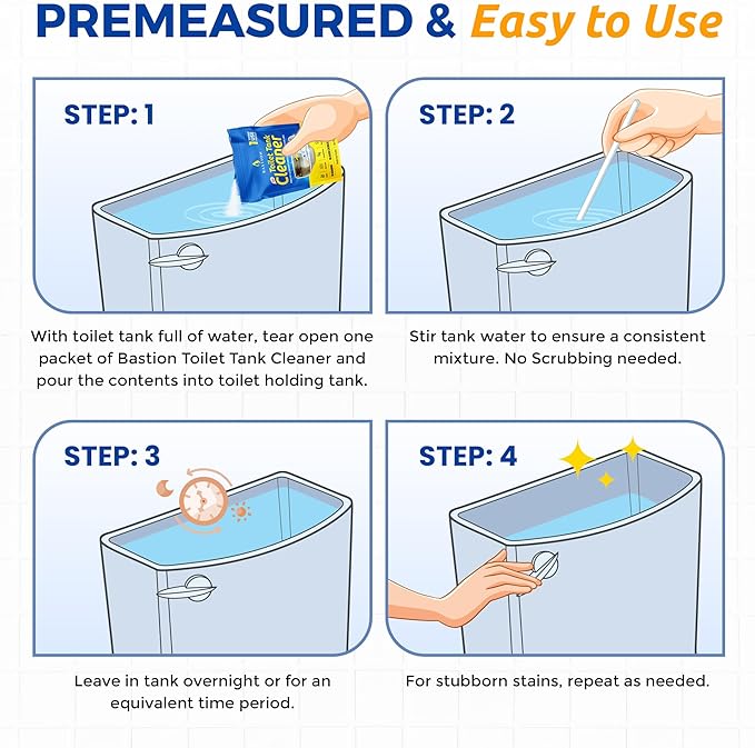 Bastion Toilet Tank Cleaner - 6-Uses. (*Not For Toilet Bowl*) Removes Rust, Mineral Deposits, Hard Water Stains, & Calcium Build Up. Contains 6 X 8oz Single Use Packets