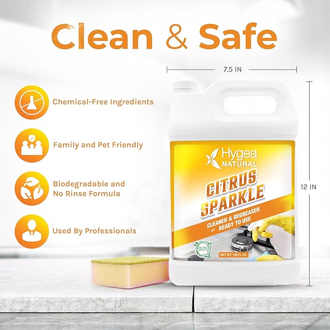 Hygea Natural Citrus Sparkle Chemical-Free Heavy Duty Degreaser & All Purpose Cleaner - Pure Citrus Extracts & Natural D-limonene - Removes Grease, Dirt & Grime (128oz Gallon)