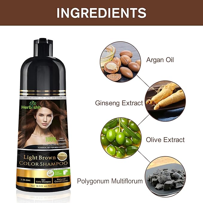 Herbishh Gray Hair Color Shampoo - Light Brown 500ML with Travel Pack Stain Remover Wipes