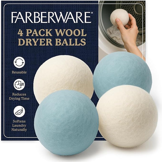 Farberware Wool Dryer Balls 4 Pack ??Reusable 100% Wool Balls for Dryer ??Natural Fabric Softener for Laundry, Towels & Bedding, Replaces Fabric Sheets & Liquid Softeners