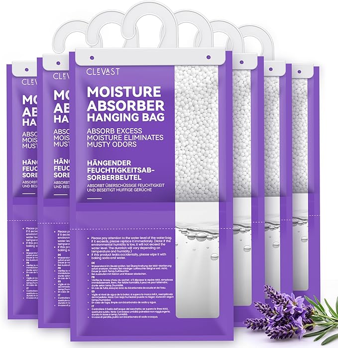 CLEVAST Moisture Absorbers Packets - 15.2 OZ, 6 Pack Large Dehumidifier Bags for Closet, Hanging Humidity Absorber in Wardrobes, Bedrooms, Bathrooms - Lavender Scented