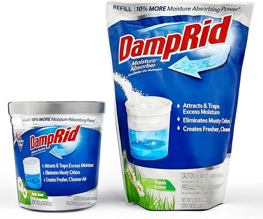Damp Rid Refillable Moisture Absorber ??Fresh Scent Humidity Absorber & Odor Absorber with 11oz Cup and 44oz Refill Bag, Cleaner Air for Closet & Bathroom ??ILIOS Packaging