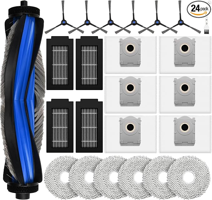 24 Pcs Replacement Parts for Ecovacs Deebot T50 Pro Omni / T50 Pro Omni Gen2 / T50 Omni Robot Vacuum, Include 1 Main Brush, 6 Dust Bags, 4 Filters, 6 Side Brushes, 6 Mop Pads and 1 Cleaning Tool