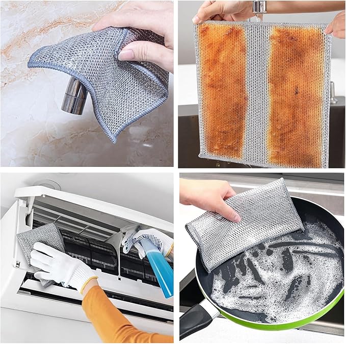 YinQin 5 PCS Double Layer Stainless Steel Scrubber Wire Dishwashing Cloth Non Scratch Stainless Steel Mesh Dish Cleaning Cloth 20x20 cm Metallic Wire Cleaning Rag Towel for Kitchen Dish Sink Stove Top