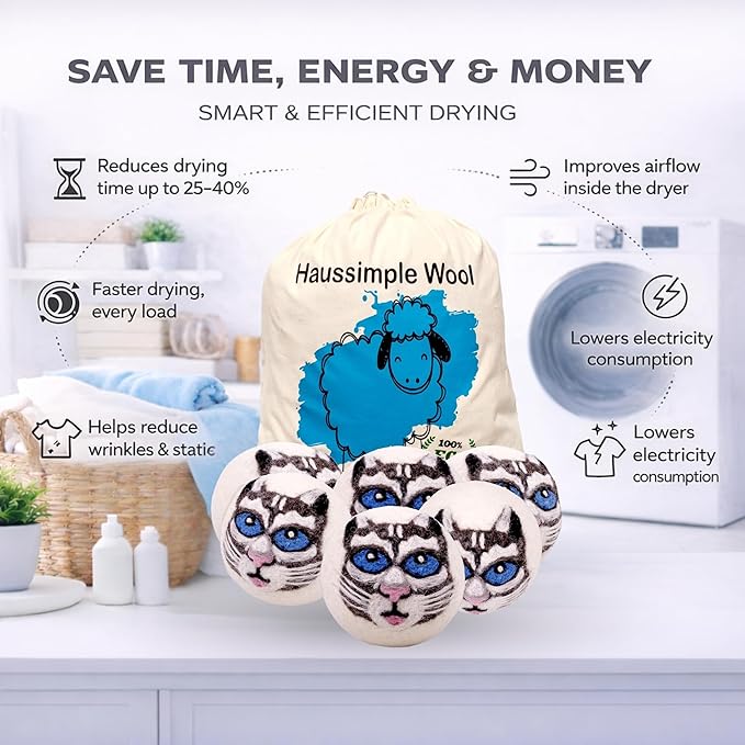 Wool Dryer Balls 6-Pack 100% Natural New Zealand Wool, Handmade in Nepal Reusable Laundry Balls, Faster Drying, Softer Clothes, Anti-Static, Dryer Sheets Alternative (Gray Cat)