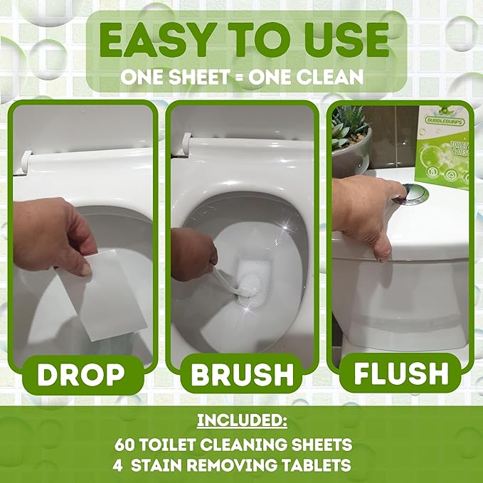 Toilet Cleaning Sheets & Descaler Tablets COMBO, 60 Toilet Bowl Cleaner Strips & 4 Toilet Stain & Ring Remover Tablets, Plastic Free, No Harsh Chemicals, Septic & Gray Water Safe, No Mess