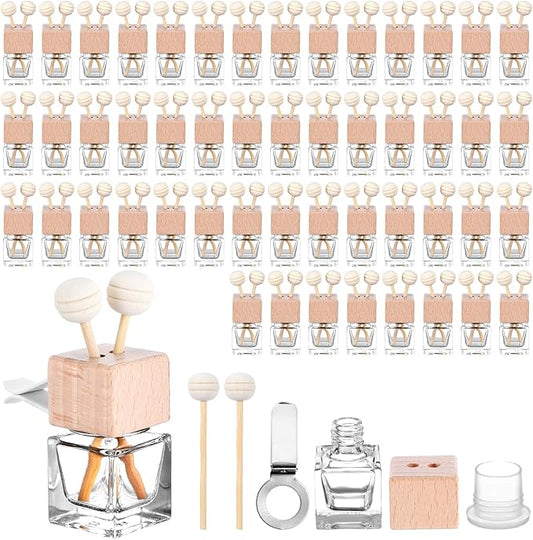 50 Pcs Glass Car Air Freshener Vent Clip Empty Essential Oil Diffuser Bottle Auto Glass Perfume Diffuser with Vent Clip Wooden Cap and Stick for Car Fragrance Ornament (Clear)