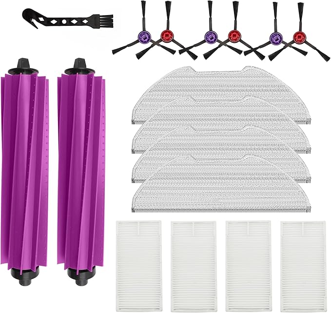 CLEANXIOR Replacement Accessories for Eureka E20 Plus Robot Vacuum,1Rubber Main Brush,4Mop Pads,2Filters,4Side Brush;2Rubber Main Brush,4Mop Pads,4Filters,6Side Brush. (17, E20)
