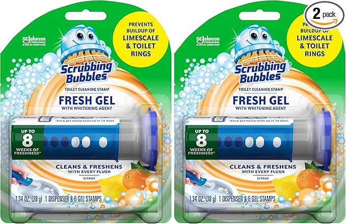 Scrubbing Bubbles Fresh Gel Toilet Bowl Cleaning Stamps, Helps Keep Toilet Clean and Helps Prevent Limescale & Rings, Citrus Scent, 1 Dispenser with 6 Fresh Gel Stamps (Pack of 2)
