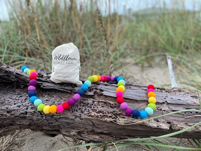 Garland for Wildflower by Hu Hands Rainbow Party - 100% Handmade Wool Felt Pom Poms - (50) Pure New Zealand Wool Felt Balls - DIY Pompoms - 0.8-1.0" Size - Drawstring Muslin Bag
