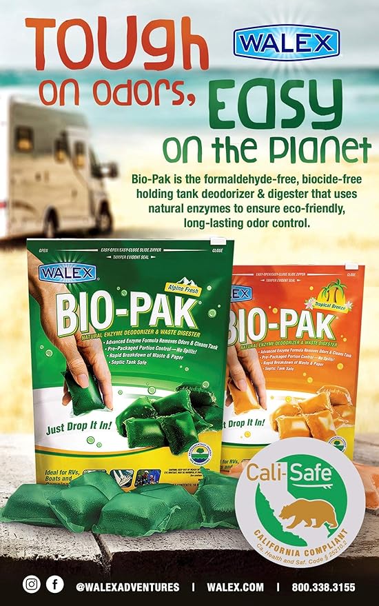Walex Bio-Pak Black Holding Tank Deodorizer & Waste Digester Drop-Ins - Advanced Enzyme Formula for Rapid Breakdown of Waste & Paper, Removes Odors & Cleans Tank; Tropical Breeze, 10-Pack