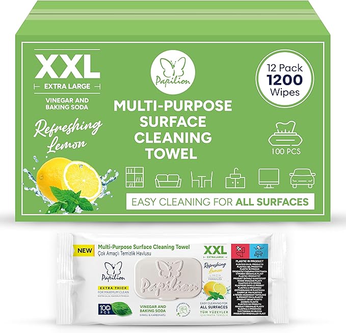 PAPILION Multi-Surface Cleaning Wipes, Lemon Scent, Removes Dirt & Stains, Paraben & SLS-Free, Surface-Safe Formula for Everyday Home, Kitchen & Office Cleaning, Flip-Top Pack, 1200 Count
