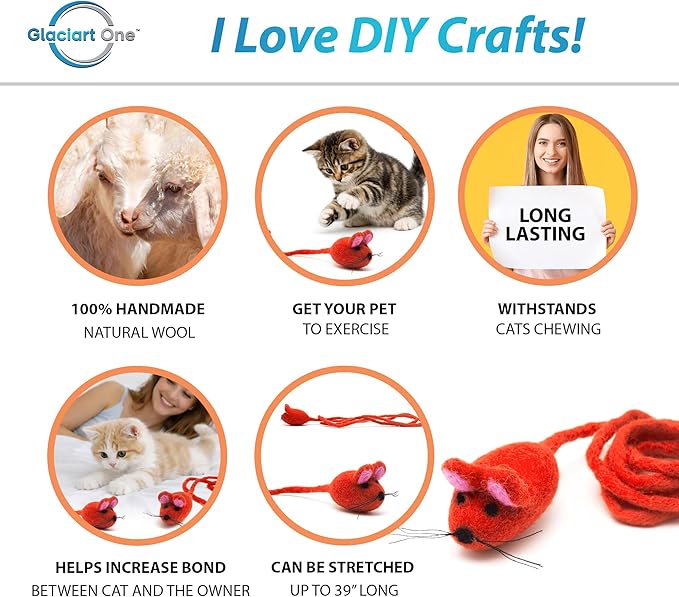 Glaciart One Felt Mouse Cat Toy – Soft Fuzzy Enrichment 100% Natural Wool - Interactive Catnip Play Cat Toy Set - Safe for Pets, Non-AZO Colored Dyes - 42” Long