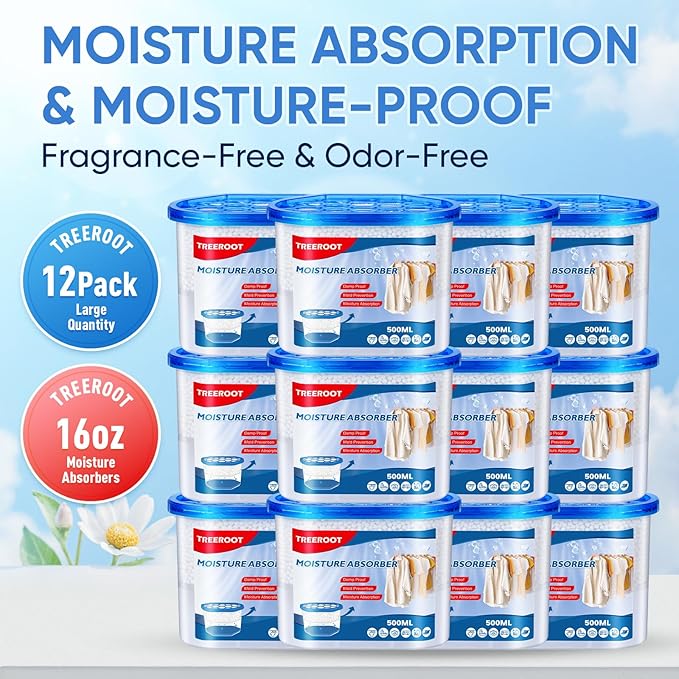 12 Pack Moisture Absorbers, 16 OZ Humidity Absorber Bucket, Moisture Absorbers for Closet, Dehumidifier Bucket for Wardrobes, Kitchens and Bathrooms, Fragrance Free Humidity Absorber