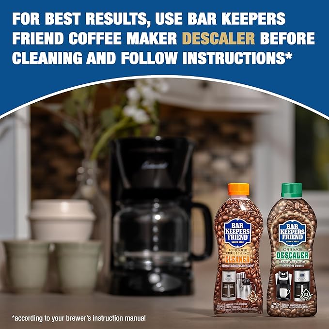 Bar Keepers Friend Coffee Maker Cleaner (2 x 12 oz) Removes Stains & Oily Residue from Espresso Machines, Carafes, Thermos, Drip Coffee Pots, Single-Cup Coffee Makers & More