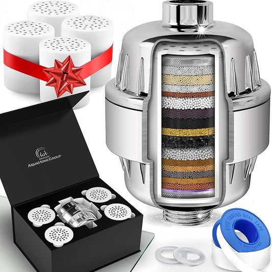 AquaHomeGroup Shower Head Filter – 20-Stage + 5 Replacement Cartridges – Reduces Chlorine, Fluoride, and Other Chemicals – Vitamin C, E & A Shower Filter for Glowing Skin & Hair