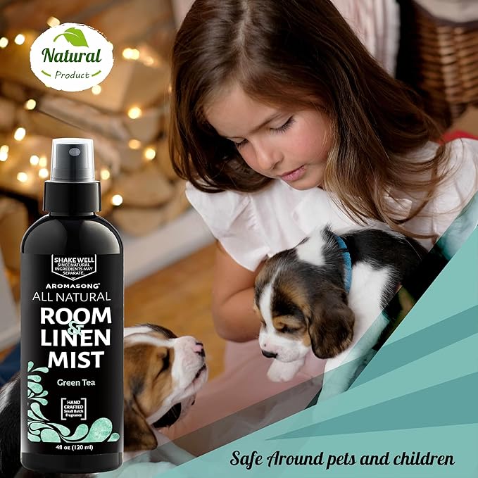 Aromasong All Natural Room & Linen Spray, Green Tea Scent, for Bedding, Sheets, Couches, Pillow, Fabric Freshener Spray for Bed Sheet, Odor Eliminator Air Freshener All Natural Fragrance Oil Spray.