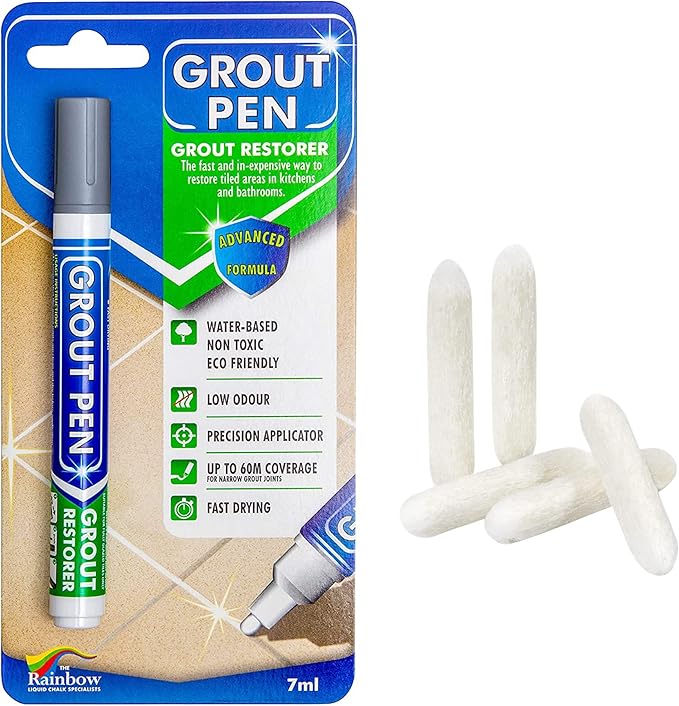 Grout Pen Tile Paint Marker: Grey Narrow 5mm with 5 Pack Replacement Tips - Waterproof Grout Colorant and Sealer Pen to Renew, Repair, and Refresh Tile Grout - Cleaner Coating Stain Pens