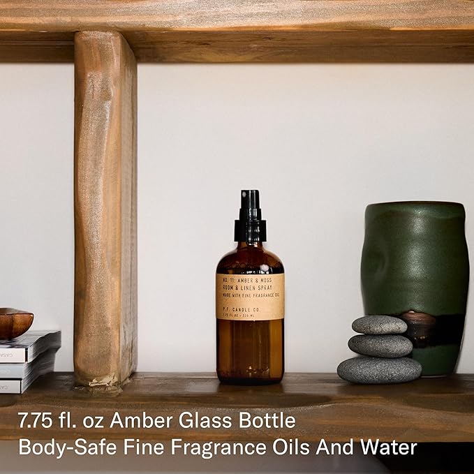 P.F. Candle Co. Amber & Moss Scented Room & Linen Spray (7.75 fl oz) Amber Glass Bottle, Fine Fragrance Oil, Quick Fabric and Air Refresher, Made In The U.S.A.