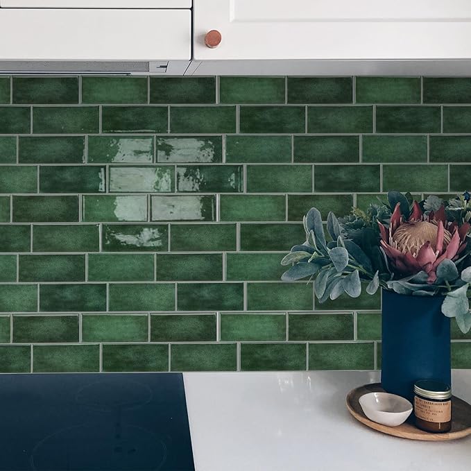 Subway Backsplash Tile Peel and Stick, Forest Green Self Adhesive Tiles for Kitchen, 10 Sheets Stick on Backsplash for Kitchen and Bathroom (11.56x8.38)