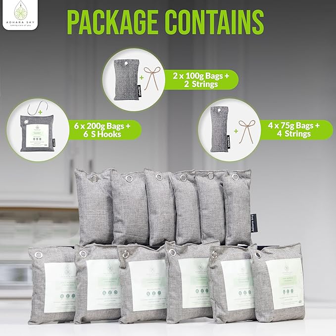 12 Pack Bamboo Charcoal Air Purifying Bag, Activated charcoal Bags Odor Absorber, Odor Eliminator for Home, Car, Office, Closet & House Deodorizer (6X200g,2X100g,4X50g,6 Hooks & Strings)