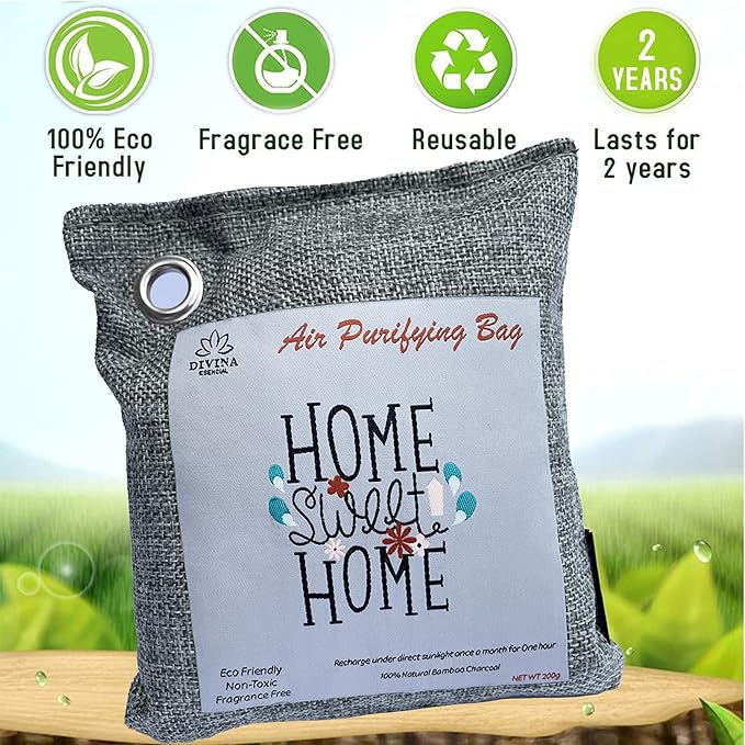 Bamboo Charcoal Air Purifying (Bag 4X200g), Removes Odors and Moisture, Nature Fresh Air Purifier Bags, Odor Eliminator for Home, Car, Pets, Bathroom, Basement