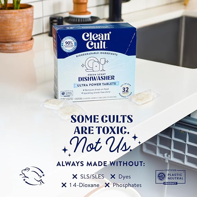 Cleancult Ultra Power Dishwasher Detergent Pods for Sparkling Streak-Free Shine, All-In-One, No Plastic Waste, 32 Count