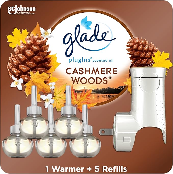 Glade PlugIns Refills Air Freshener Starter Kit, Scented and Essential Oils for Home and Bathroom, Cashmere Woods, 3.35 Fl Oz, 1 Warmer + 5 Refills