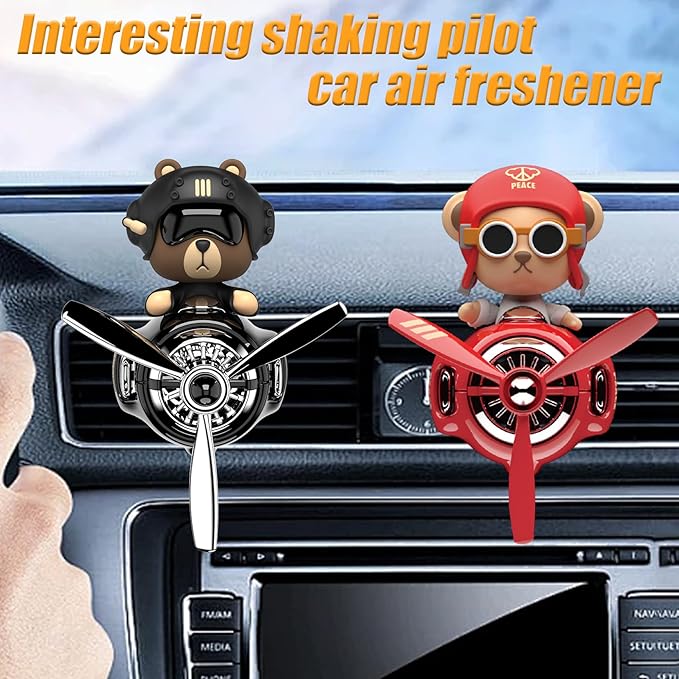 2Pcs Car Air Fresheners, Cute Bear Pilot Automotive Air Outlet Creative Car Perfume Diffuser, Automotive Accessories Air Vent Decoration with 8 Fragrant Tablets (Black 1+Red 1)