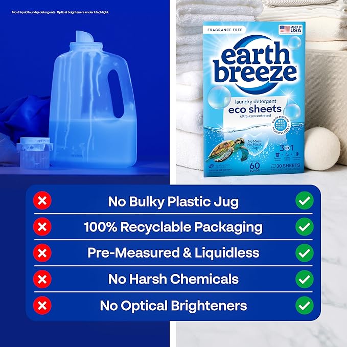 Earth Breeze Laundry Detergent Sheets Fragrance-Free - 60 Loads Eco Liquidless Soap - Travel-Friendly for Hot & Cold Cycles, Tackles Tough Stains & Odors - Gentle on Sensitive Skin, 30 Ct