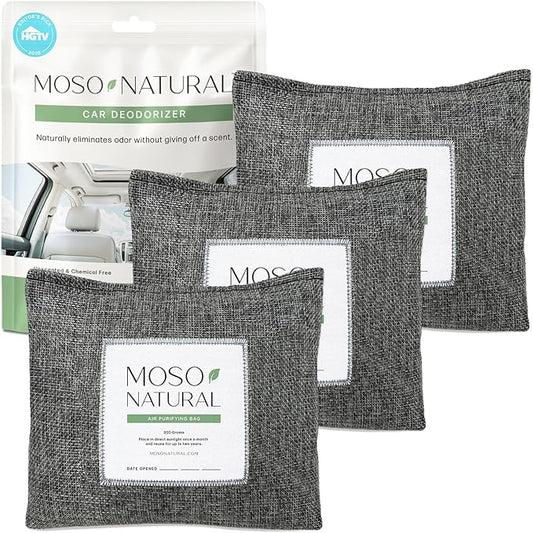 Moso Natural Charcoal Odor Absorber for Cars (3 Pack) 300g Bamboo Charcoal Air Purifying Bag, Unscented Odor Eliminator, Lasts Up to 2 Years, HGTV Editors’ Pick