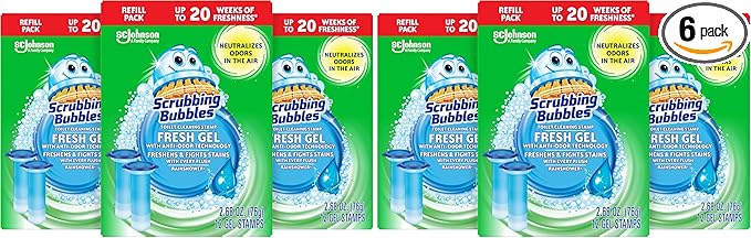 Scrubbing Bubbles Fresh Gel Toilet Bowl Cleaning Stamps Refills, Helps Keep Toilet Clean and Helps Prevent Limescale & Rings, Rainshower Scent, 12 Stamps (Pack of 6)