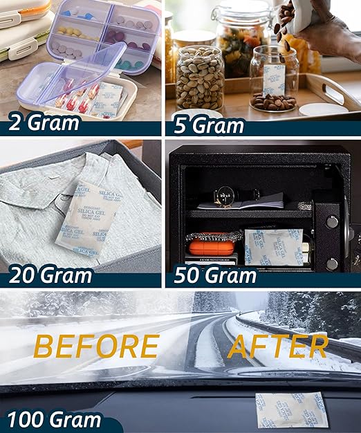 5 Gram (50 Pack) Color-Indicating Silica Gel Packets, Premium Food Grade Desiccant - Rechargeable Moisture Absorbers for Food Storage, Electronics, 3D Filament & Safes