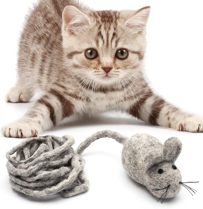 Glaciart One Felt Mouse Cat Toy – Soft Fuzzy Enrichment 100% Natural Wool - Interactive Catnip Play Cat Toy Set - Safe for Pets, Non-AZO Colored Dyes - 100” Long