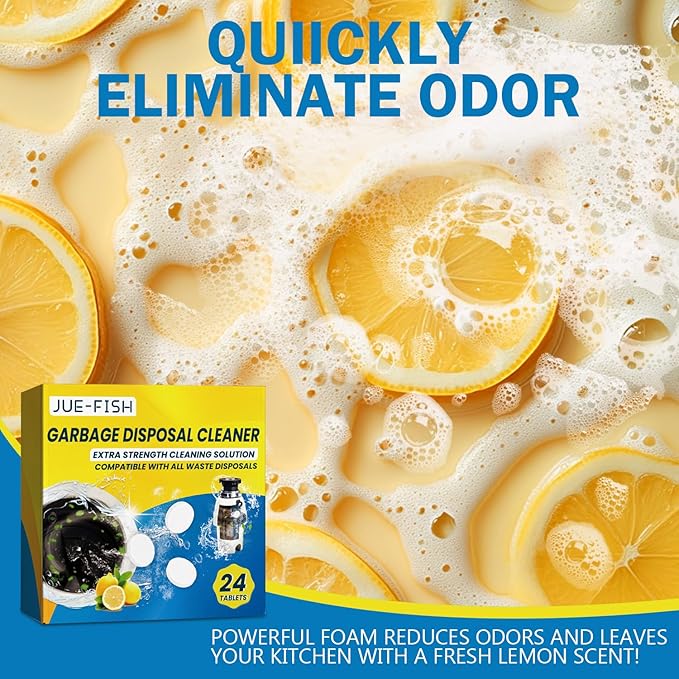 Garbage Disposal Cleaner and Deodorizer 24 Pack, Active Garbage Disposal Cleaner Tablets, Sink Deodorizer for Smell, Powerful Foaming with Lemon Scent